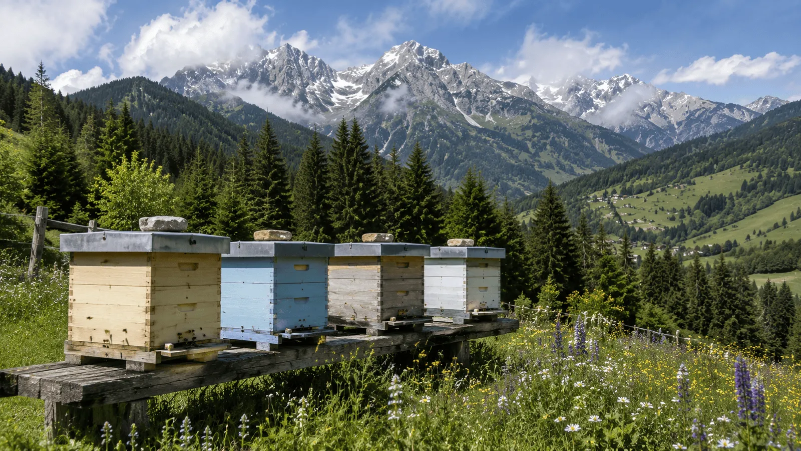 Stupină Carnica într-o pajiște alpină carniolană cu vârfuri înzăpezite în fundal — mediul muntos continental rece în care a evoluat Carnica